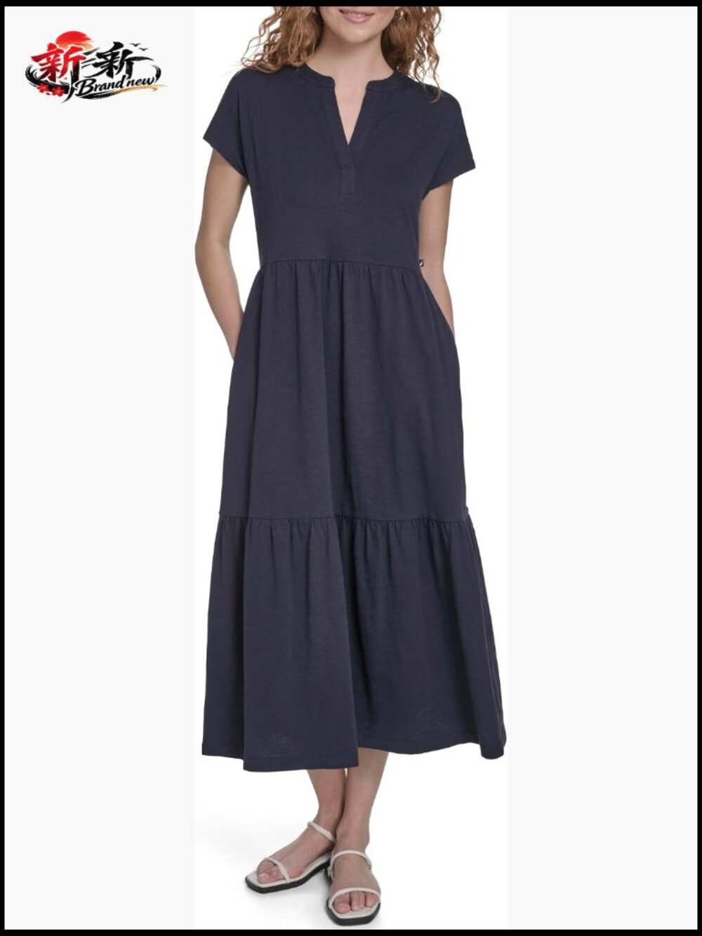 100% Cotton Midi Tiered Casual Shift Dress Short Sleeve Split Neck Pull On